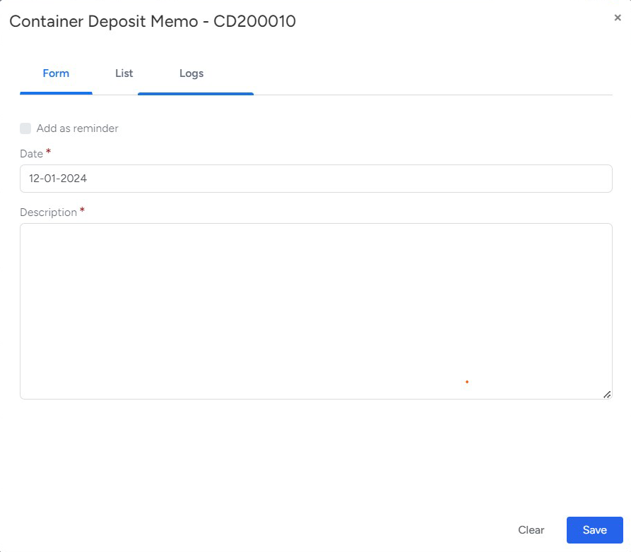 Advance Features container deposit memo