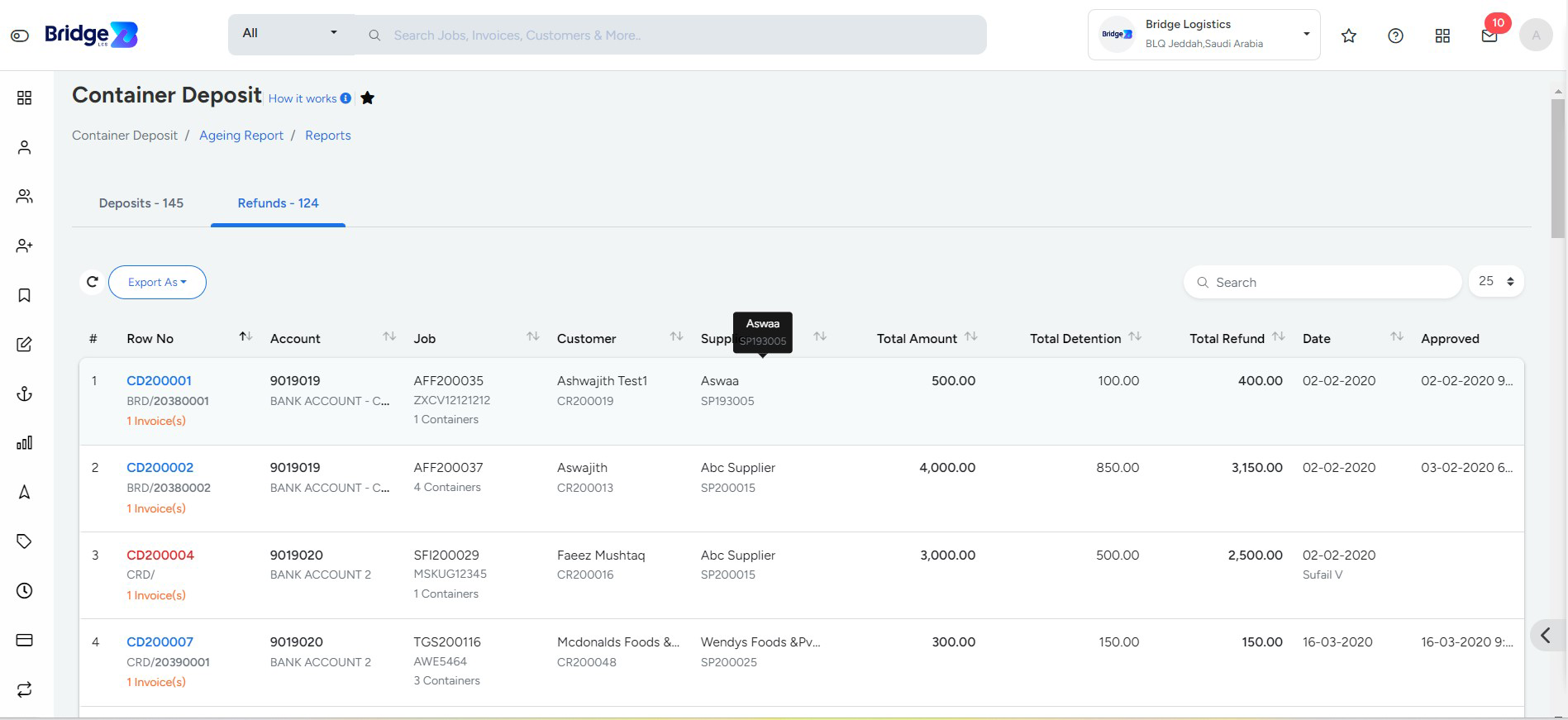 Refund segment in Bridge LCS Freight Software