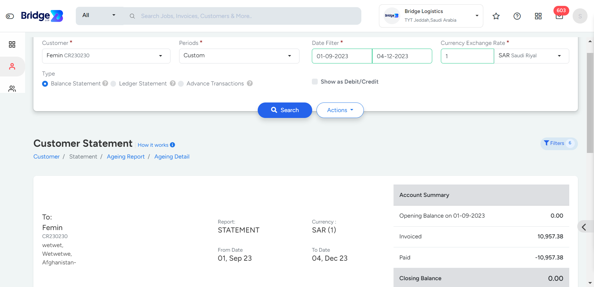 Customer Statement In Bridge LCS Cloud Based Logistics Software