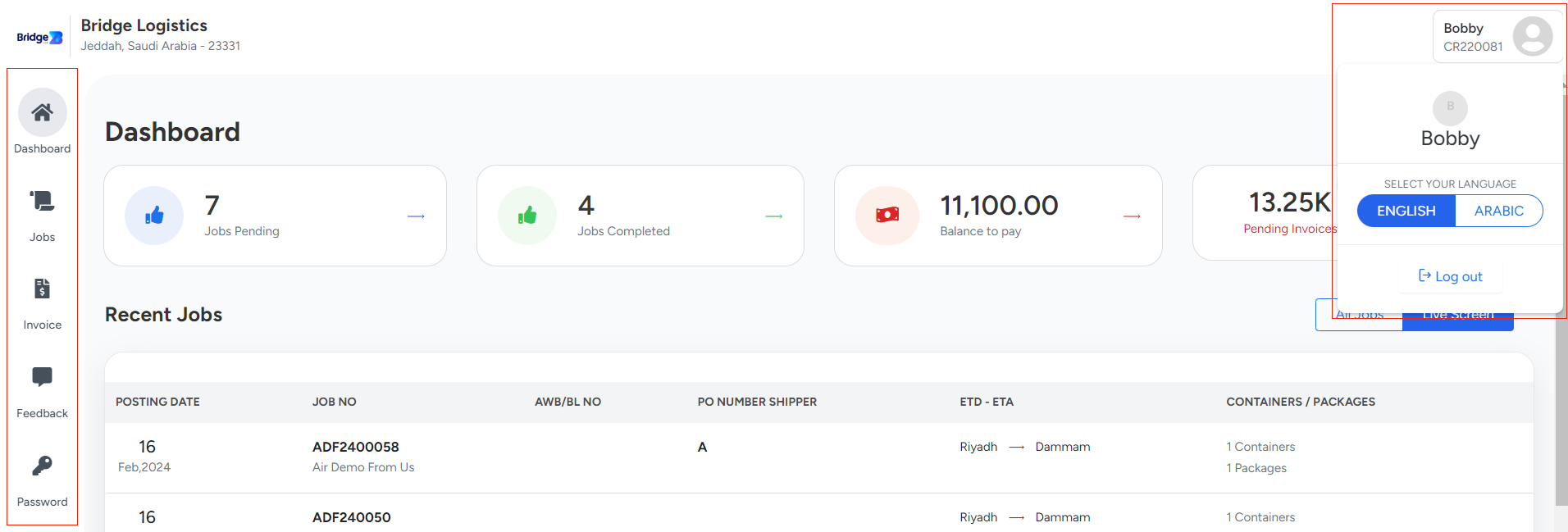 dashboard shipment In Bridge LCS Freight Software