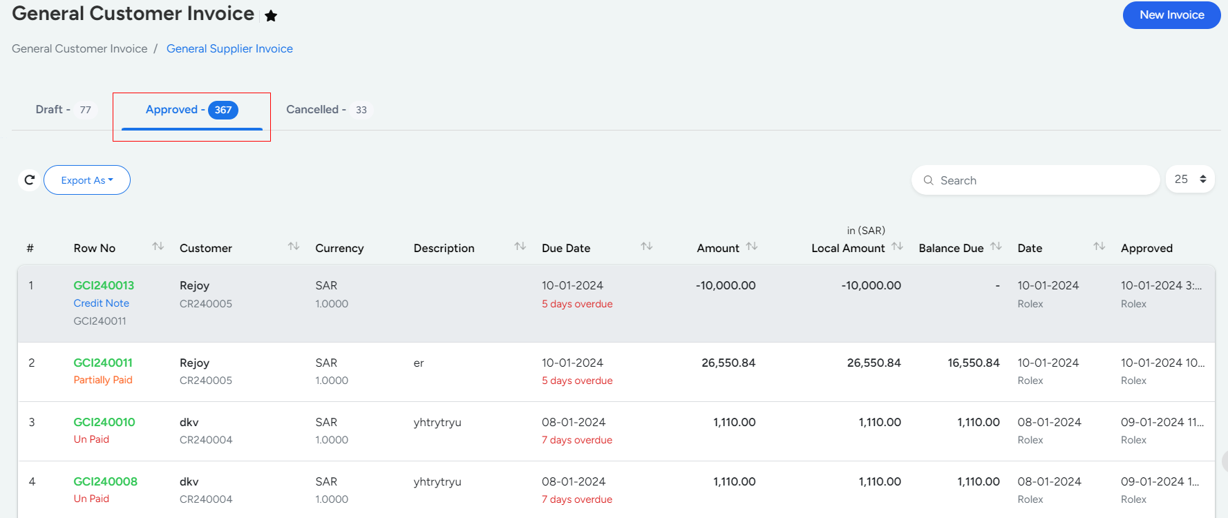 Bridge LCS General Customer Invoice approved are indicated in Green Colour