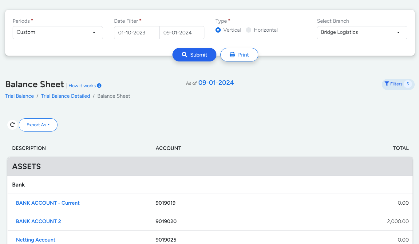 Balance Sheet detail in Bridge LCS Customs Clearance Software