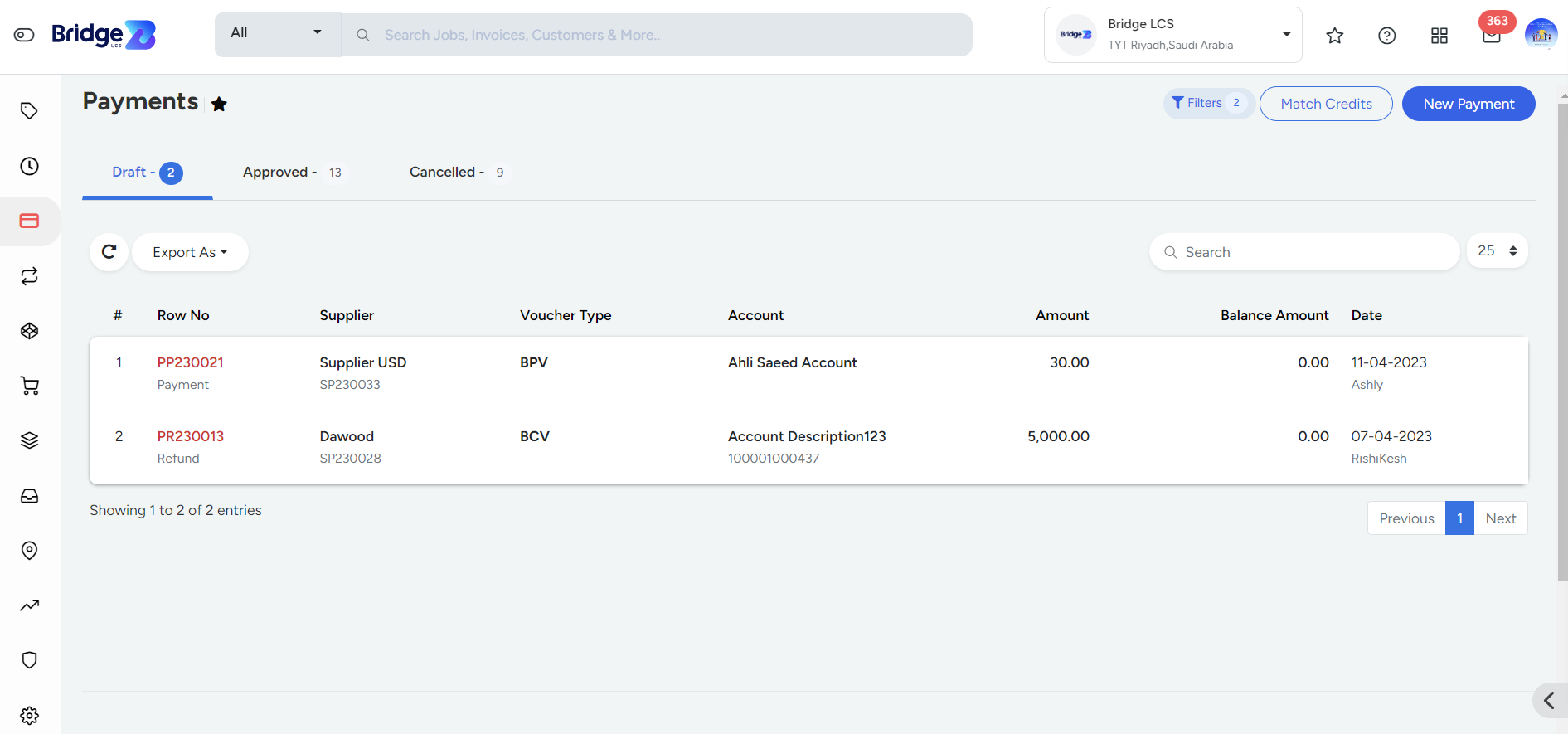 Payment Voucher in Bridge LCS Cargo Airline Software