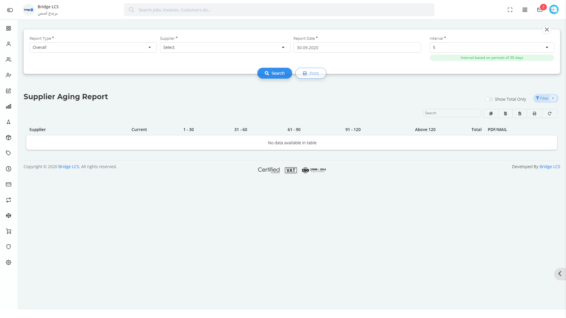 Supplier Ageing Report in Bridge LCS Freight Management System Software