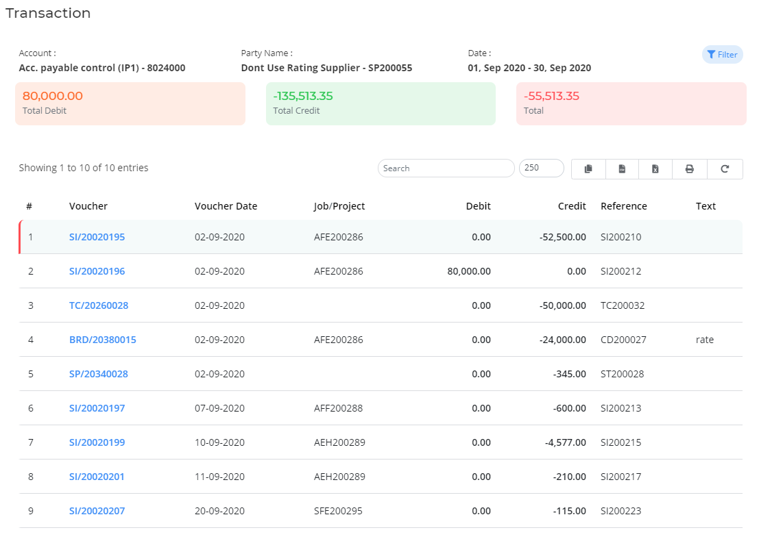 Total transaction list in Bridge LCS Sea Freight Software