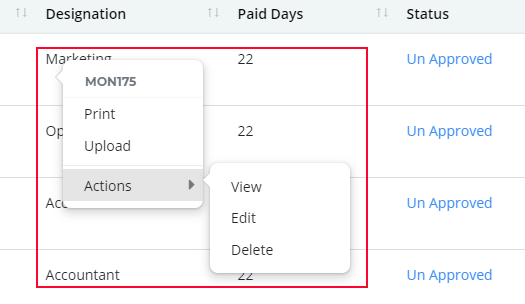 Actions Performed in monthly salary