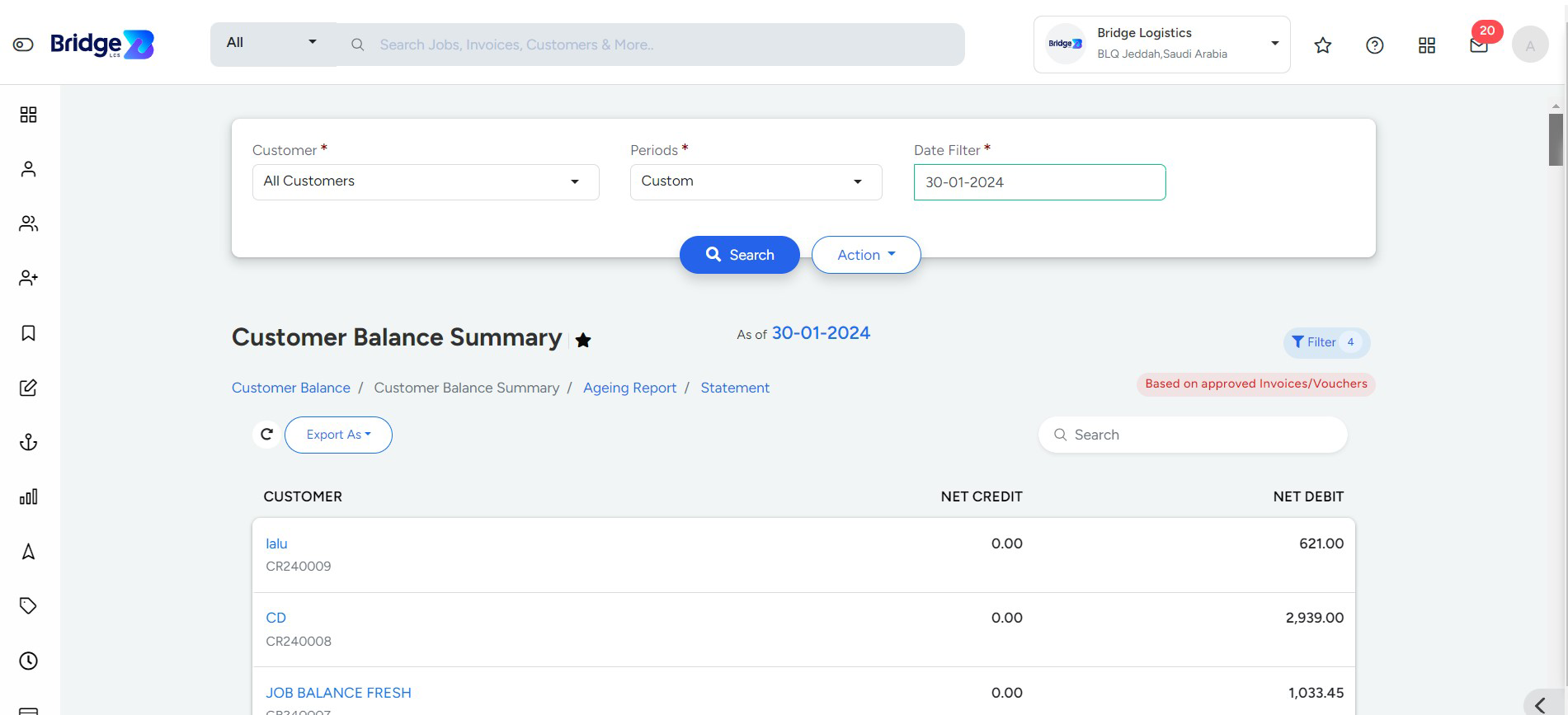 Customer balance summary Page In Bridge LCS Cargo Management System Software