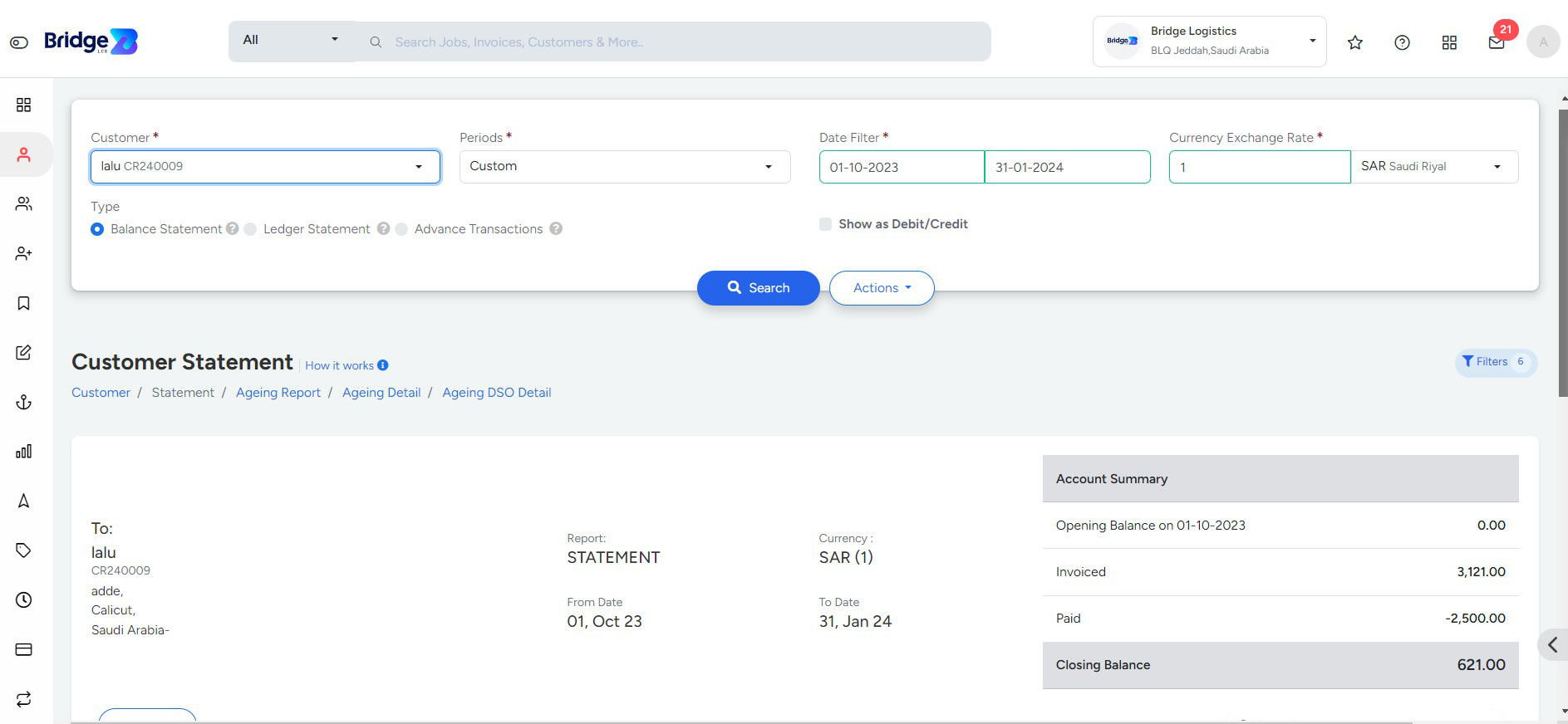 Customer Statement Page In Bridge LCS Cargo Management System Software