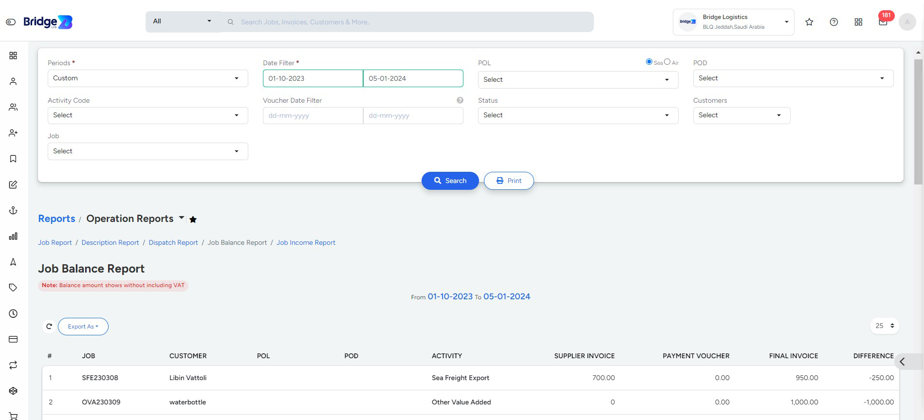 Job balance report In Bridge LCS Freight Software