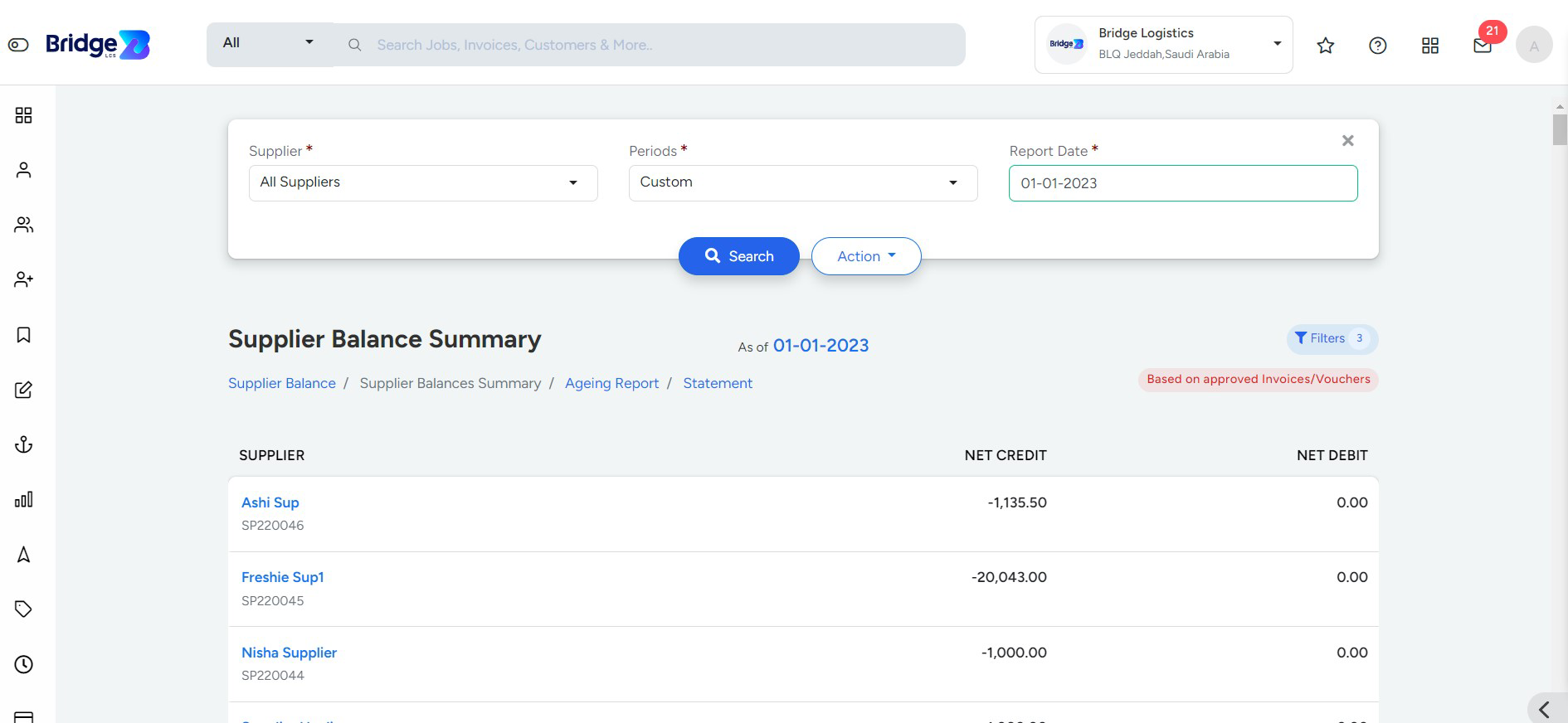 Supplier balance summary Page In Bridge LCS Cargo Management System Software