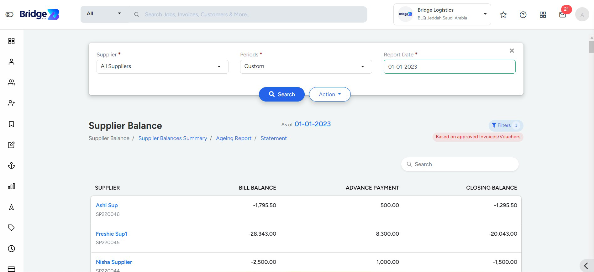 Supplier-Balance Page In Bridge LCS Cargo Management System Software