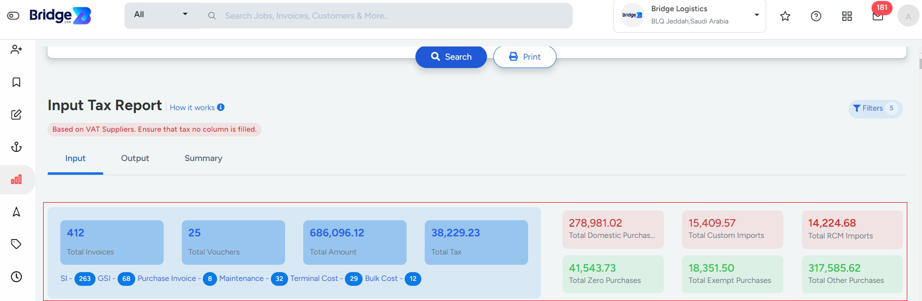 Tax Report Page In Bridge LCS Cargo Management System Software