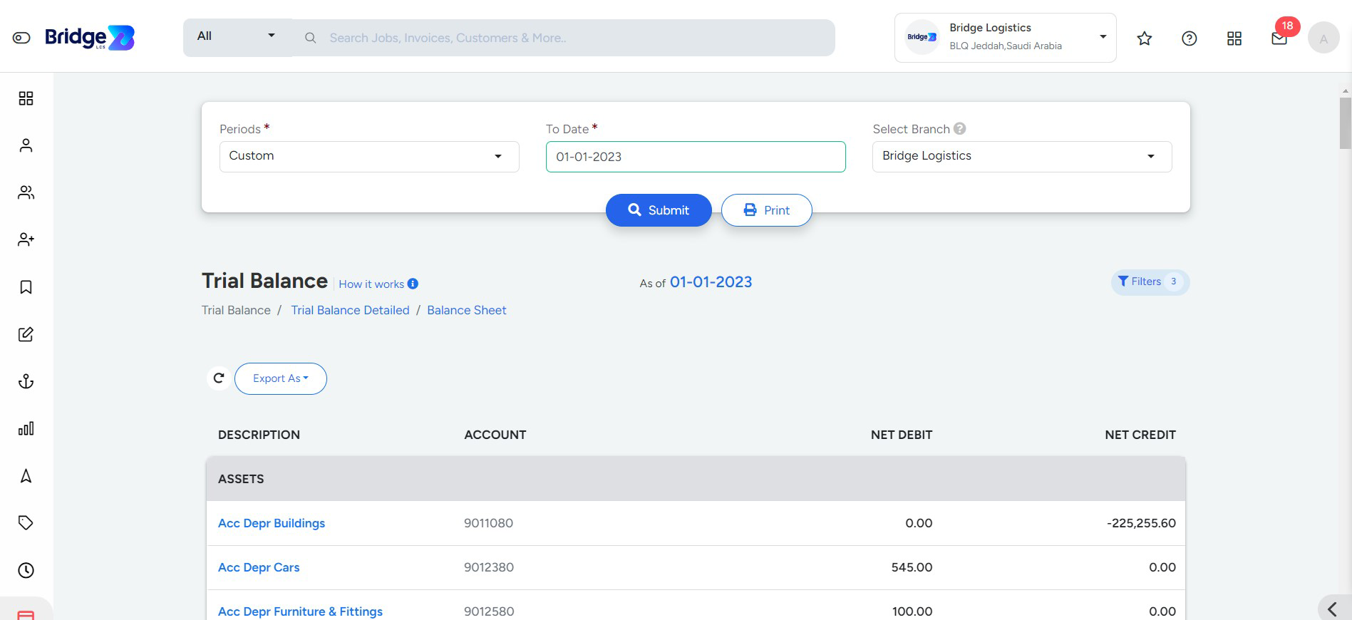 Trial Balance Page In Bridge LCS Cargo Management System Software