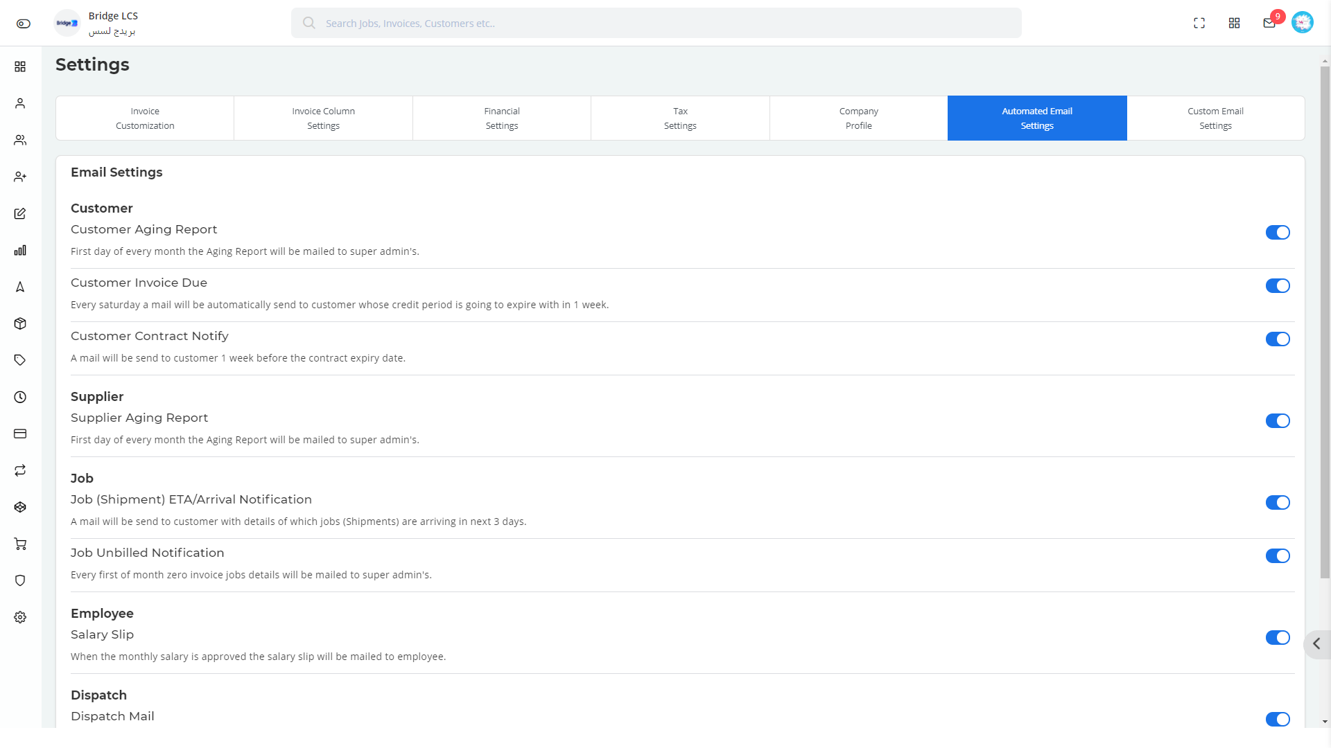 Automated Email Settings in Bridge LCS Logistics Management Software