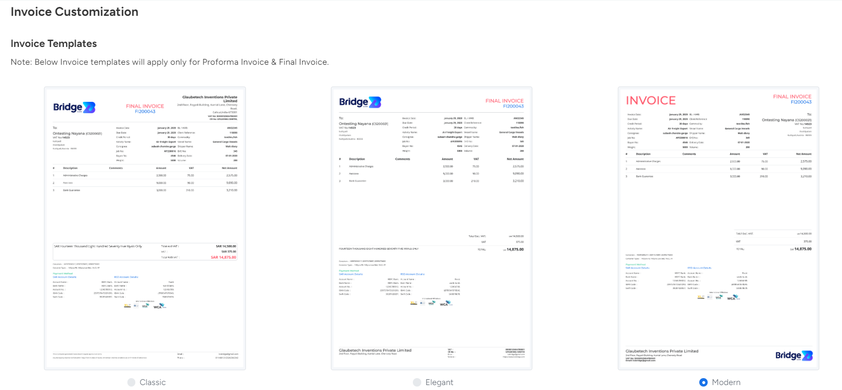 Invoice Customization Templates in Bridge LCS Logistics Optimization Software