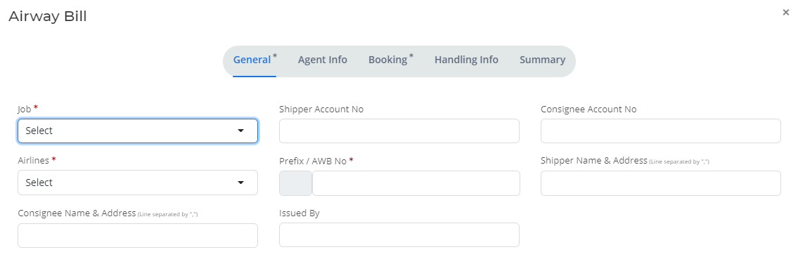 Airway Bill form for new account