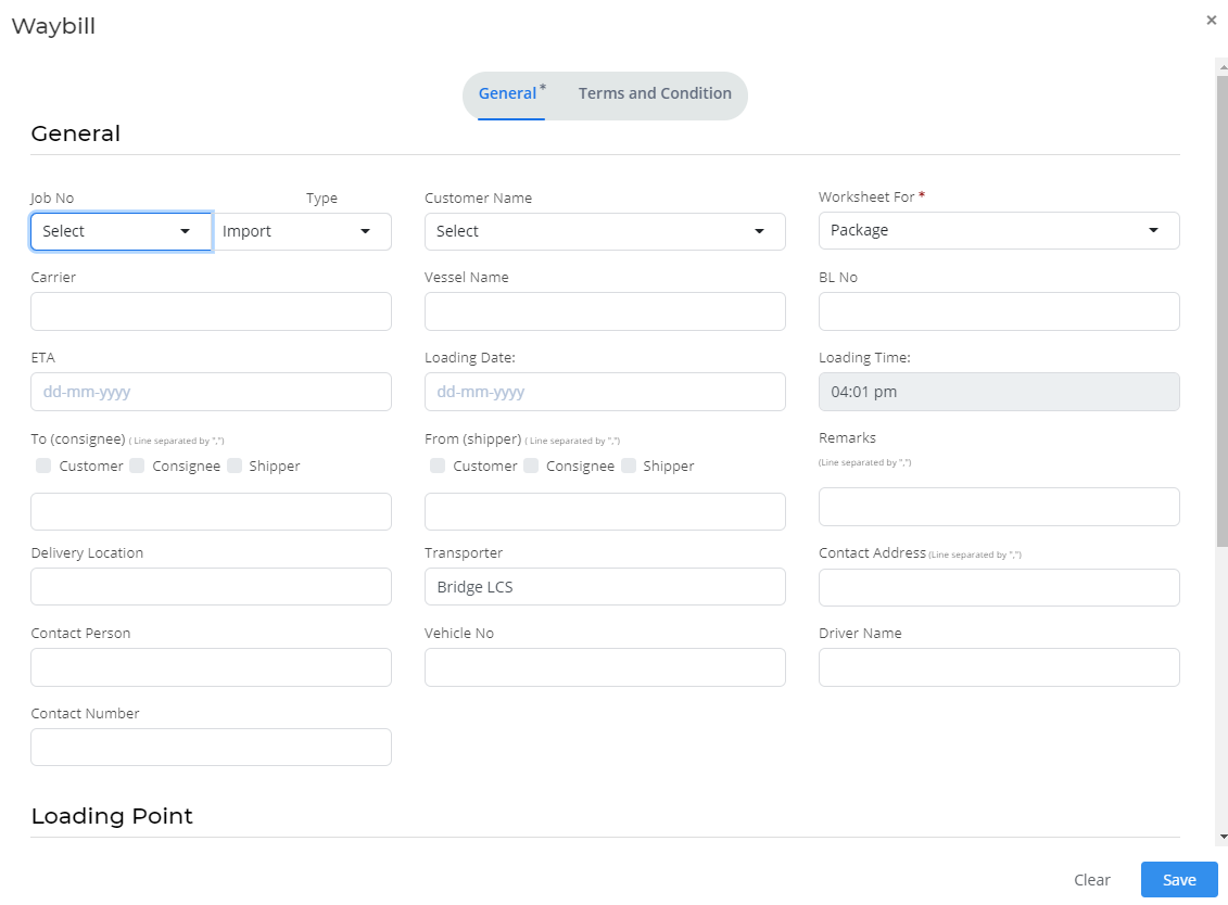 Form for New Waybill in Bridge LCS Software