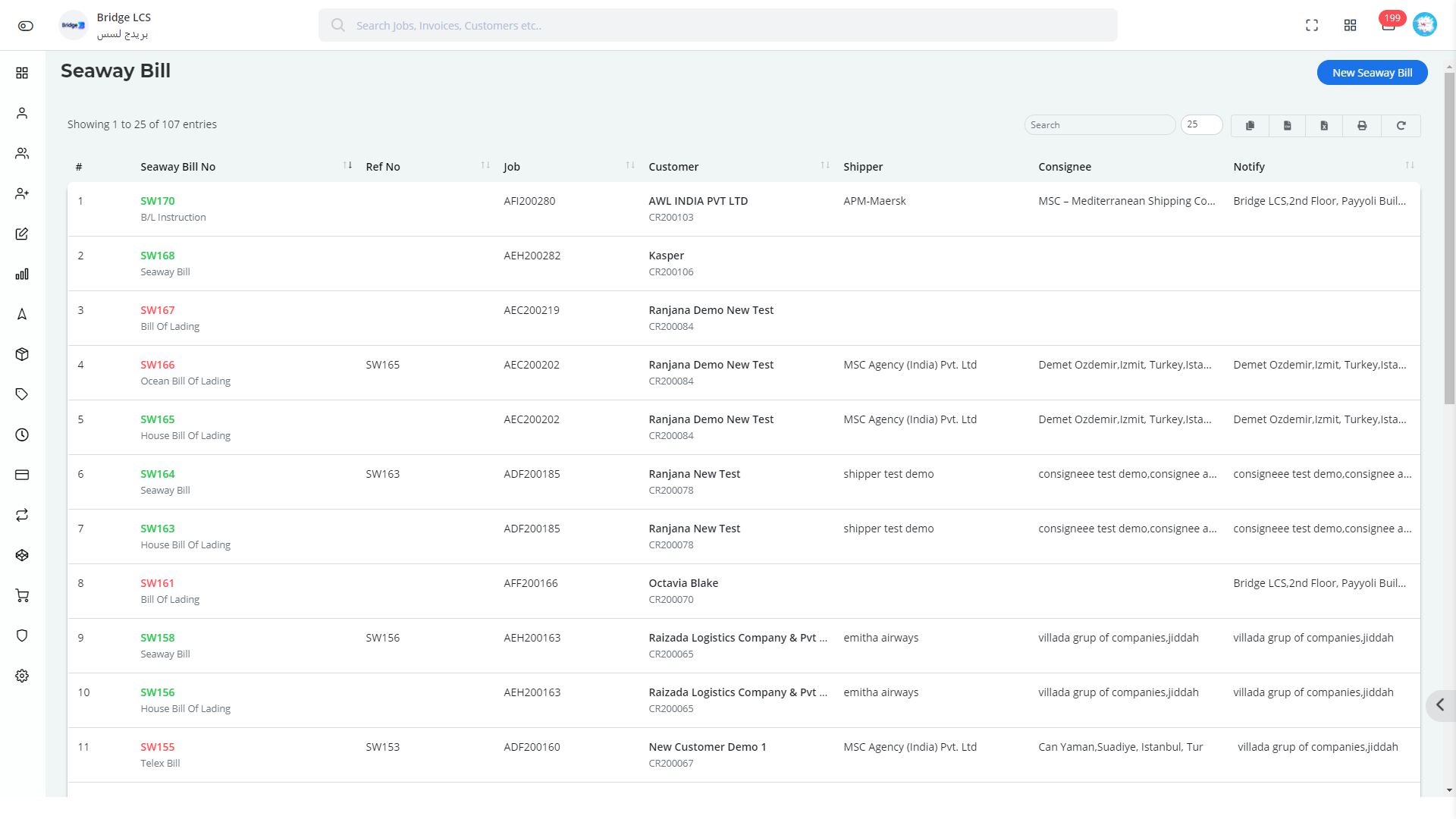 Seaway Bill List in Bridge LCS ship management software