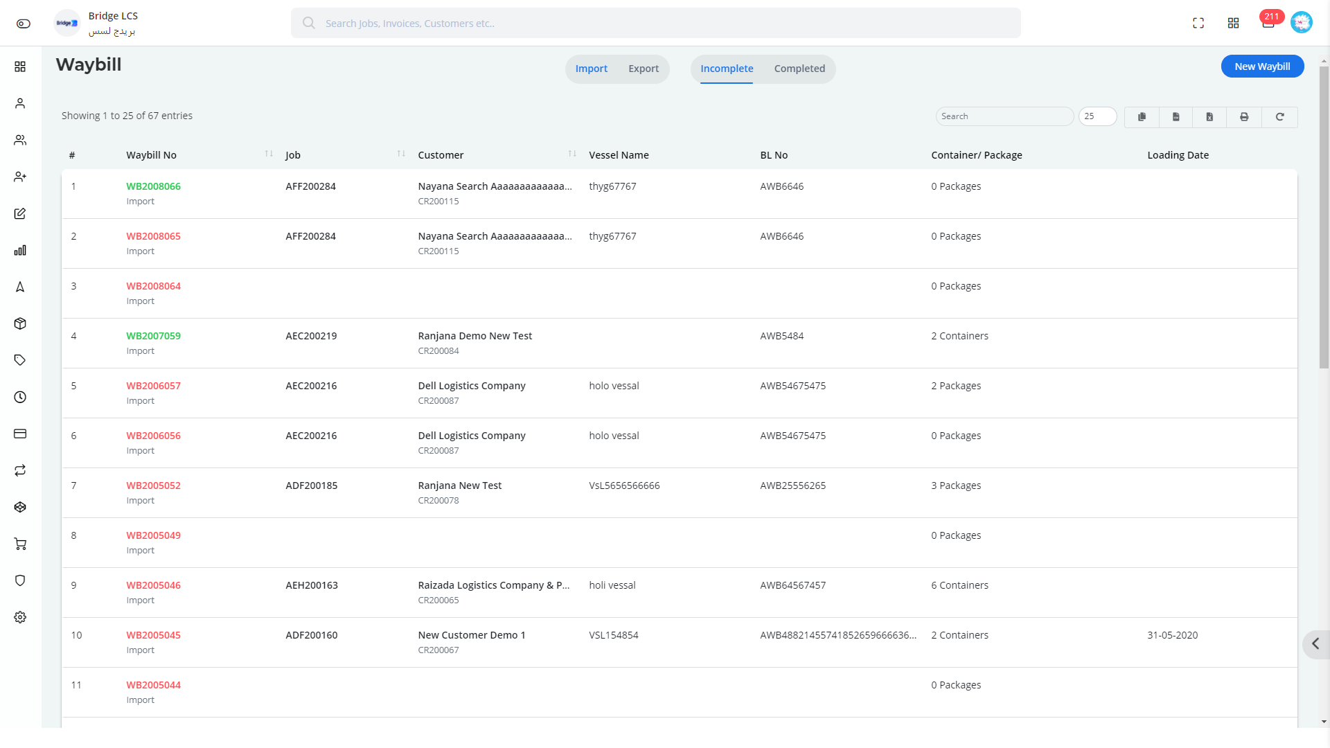 WayBill list in Bridge LCS Ocean Freight Software