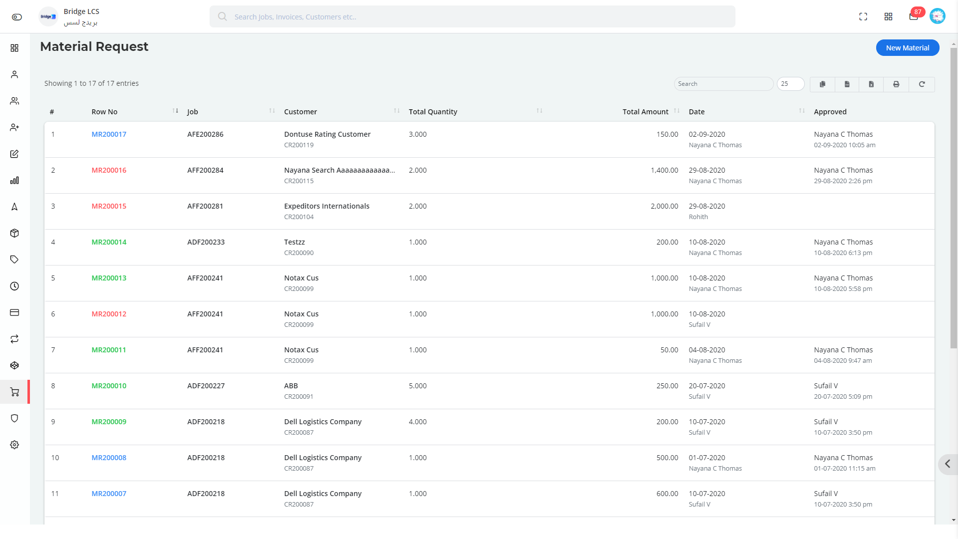 Material Request list in Bridge LCS Logistics Software