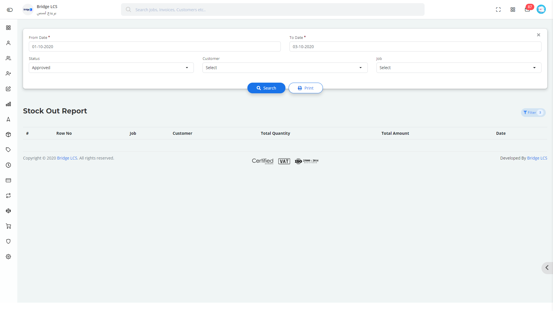 Stock Out Report in Bridge LCS Transport Logistics Software