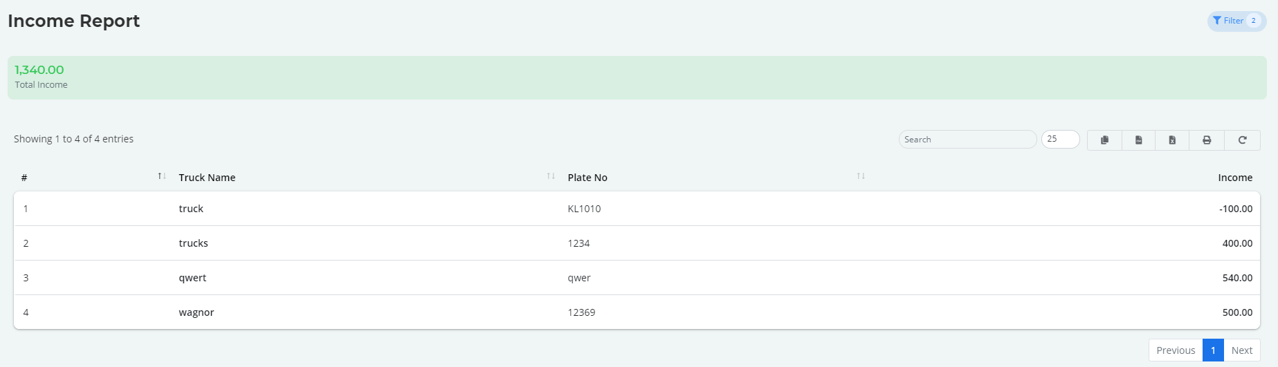 List of Trucks with Attributes like Plate No and Income